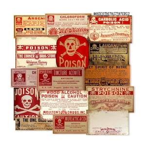 15pc Vintage Druggist Pharmacy Labels, Antique Poison Labels, Apothecary Bottle Labels, Vintage Potion Labels, Vintage Poison Stickers