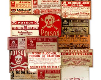 15 etiquetas de farmacia antiguas, etiquetas de venenos antiguas, etiquetas de botellas de boticario, etiquetas de pociones antiguas, pegatinas de venenos antiguas