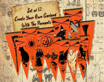 Banderines de Halloween vintage, decoraciones de Halloween vintage, decoración de Halloween, Halloween retro, guirnalda de banderines, pancarta de Halloween