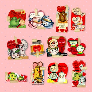 May include: A collection of vintage Valentine's Day cards featuring teapots, teacups, and other tea-themed imagery. The cards are decorated with hearts, flowers, and other romantic motifs. The text on the cards includes messages such as "You suit me to a tea Valentine!" and "I'm all perked up over you."
