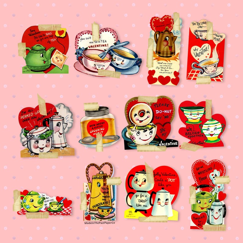 May include: A collection of vintage Valentine's Day cards featuring teapots, teacups, and other tea-themed imagery. The cards are decorated with hearts, flowers, and other romantic motifs. The text on the cards includes messages such as "You suit me to a tea Valentine!" and "I'm all perked up over you."