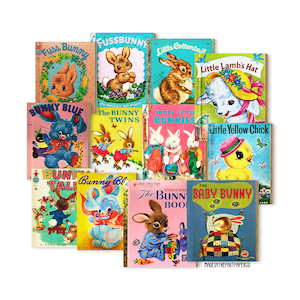 以下が含まれることがあります： ウサギ、子羊、ひよこ、ウサギをフィーチャーしたヴィンテージの子供向け絵本のコレクション。本は、動物のイラストが描かれたカラフルな表紙になっています。本のタイトルには、「ファスバニー」、「ザバニーツインズ」、「スリーリトルバニーズ」、「リトルラムズハット」、「リトルイエローチック」、「バニーブルー」、「ザバニーブック」、「ザベビーバニー」などがあります。