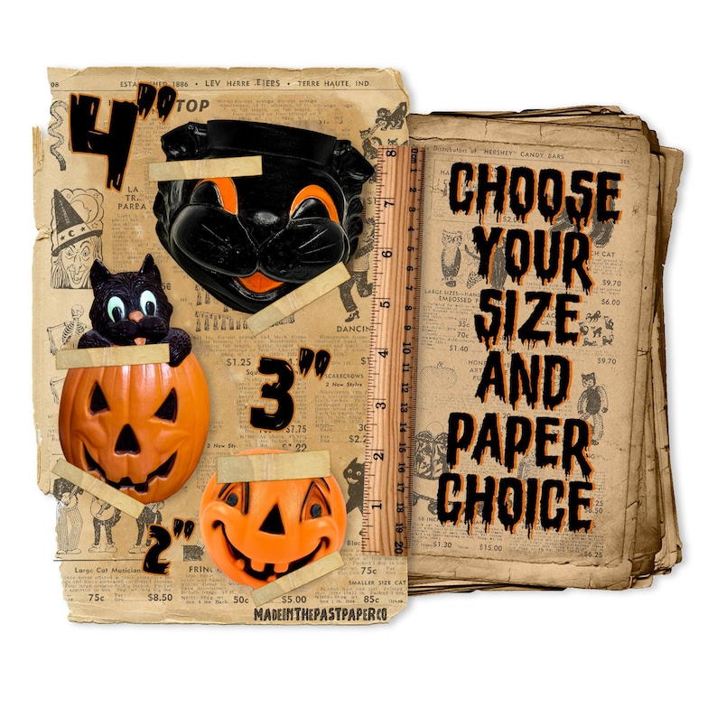 May include: A vintage-style advertisement for Halloween decorations. The ad features three different sizes of jack-o'-lantern decorations: 4 inches, 3 inches, and 2 inches. The ad also includes the text "Choose Your Size and Paper Choice".