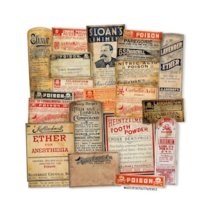 20pc Vintage Druggist Pharmacy Labels, Antique Poison Labels, Apothecary Bottle Labels, Vintage Potion Labels, Vintage Poison Stickers