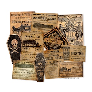 Agente funerário dos anos 1800, propaganda vitoriana, jornal gótico, diários de lixo, academia sombria, caixões e agentes funerários, adesivos de Halloween
