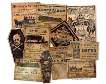 1800s Funeral Undertaker, Victorian Advertisement, Gothic Journal, Junk Journals, Dark Academia, Coffins And Undertakers, Halloween Stickers