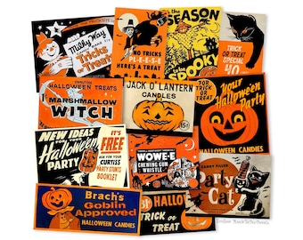 12 anuncios vintage de Halloween, decoración y objetos efímeros. Cortes de 5 a 10 cm. Reproducciones láser de alta calidad.
