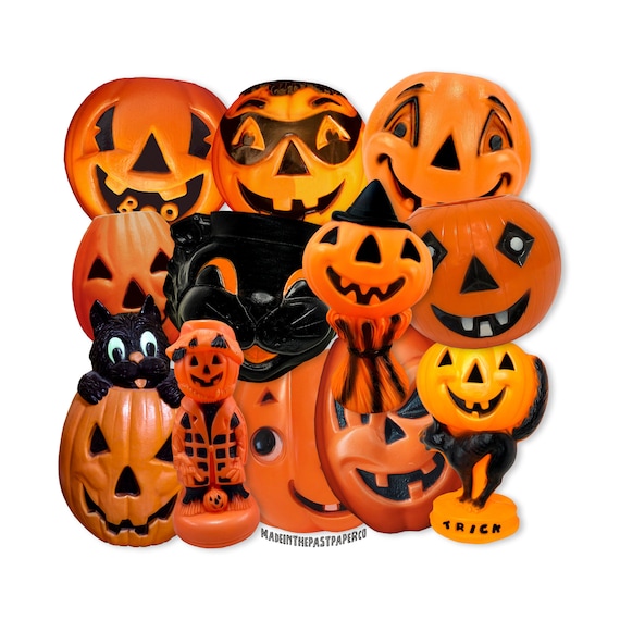 Vintage 12PC Halloween Blow Mold Pumpkin, Jack-o-Lantern Cutouts, Halloween Paper Decorations High-Quality Laser Reproductions, Scrapbooking
