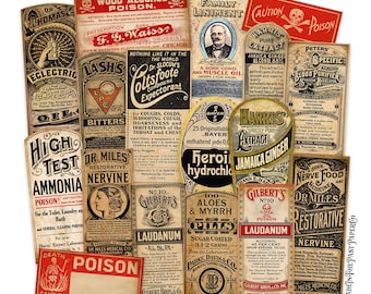 Vintage Druggist Pharmacy Labels, Antique Poison Labels, Apothecary Bottle Labels, Vintage Potion Labels, Antique Apothecary Druggist Labels