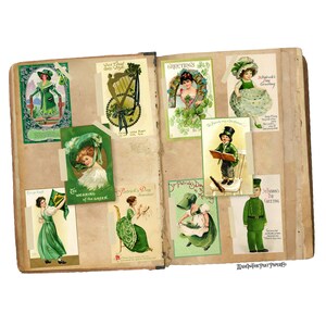 May include: An open scrapbook filled with vintage St. Patrick's Day postcards. The postcards feature illustrations of people wearing green, shamrocks, harps, and other Irish symbols. The text on the postcards includes greetings, sayings, and verses.