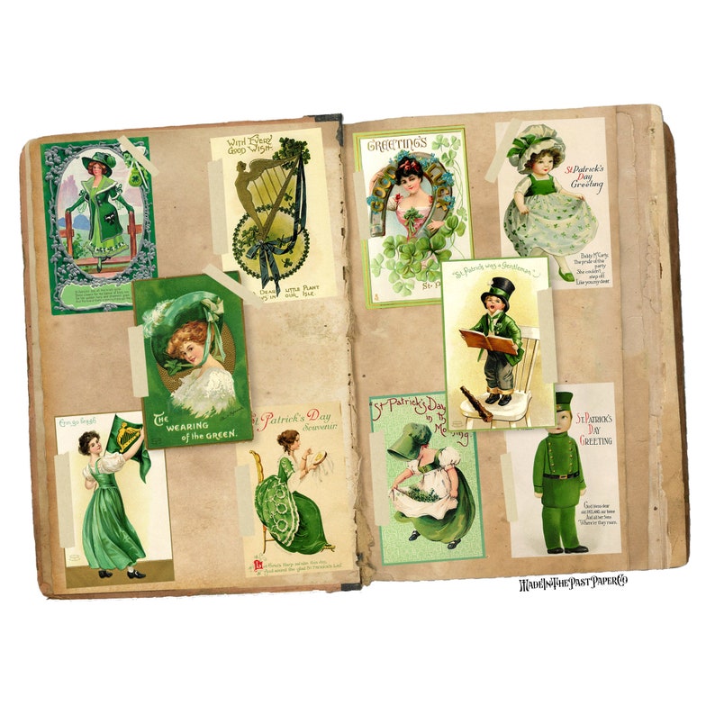 May include: An open scrapbook filled with vintage St. Patrick's Day postcards. The postcards feature illustrations of people wearing green, shamrocks, harps, and other Irish symbols. The text on the postcards includes greetings, sayings, and verses.