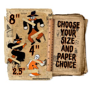 May include: Three vintage Halloween paper cutouts on a background of old newspaper pages. The cutouts are a witch on a broomstick, a ghost, and a man in a top hat. The cutouts are available in three sizes: 8 inches, 4 inches, and 2.5 inches. The text "Choose your size and paper choice" is visible on the right side of the image.
