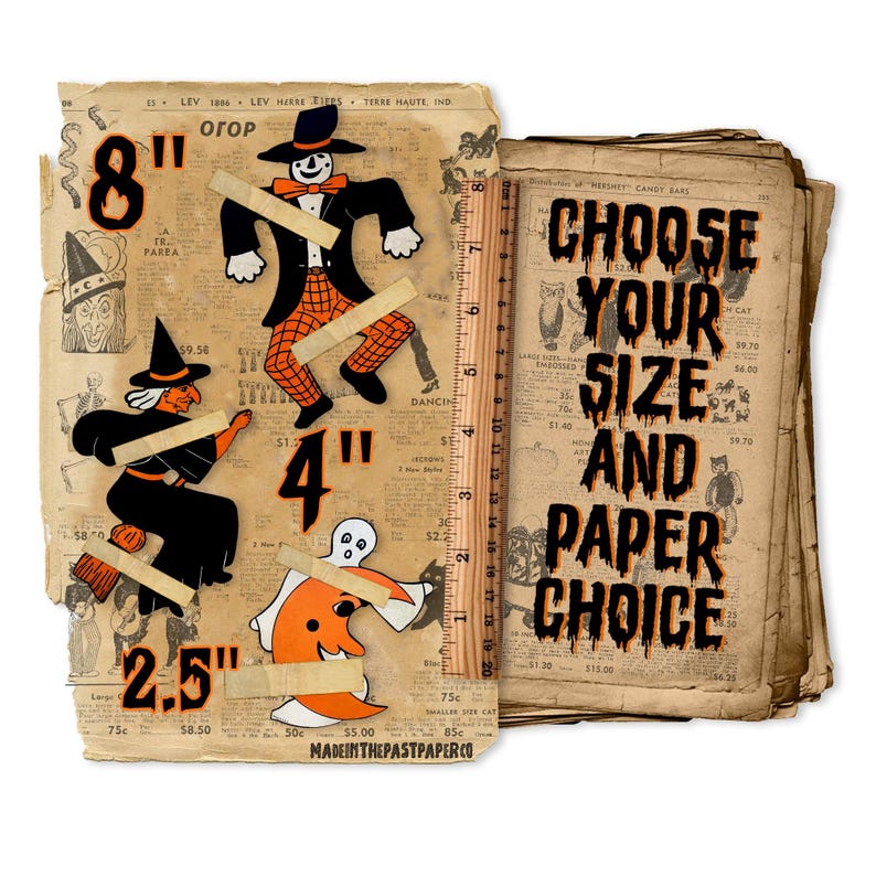 May include: Three vintage Halloween paper cutouts on a background of old newspaper pages. The cutouts are a witch on a broomstick, a ghost, and a man in a top hat. The cutouts are available in three sizes: 8 inches, 4 inches, and 2.5 inches. The text "Choose your size and paper choice" is visible on the right side of the image.