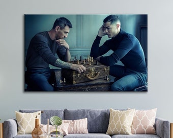 Lionel Messi & Cristiano Ronaldo, Fußball-Legenden-Schachspiel-Leinwand-Wandkunst, beste Fußballspieler-Poster-Kunst, bereit zum Aufhängen Sport-Leinwand