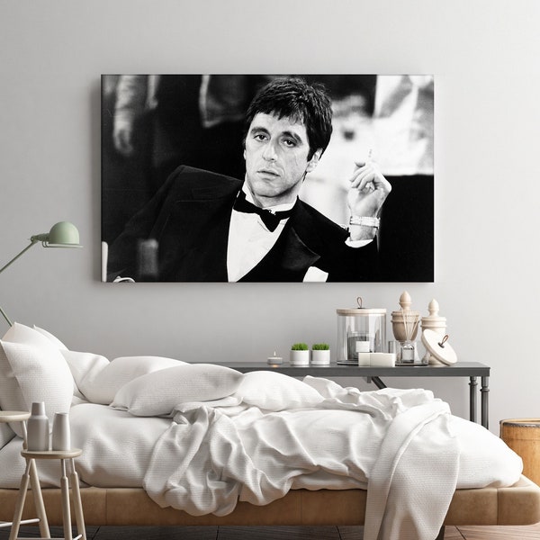 Scarface Leinwand Wandkunst, Scarface Al Pacino, ikonischer Filmkünstler, Schwarz-u.Weiß-Kunst, berühmte Film-Leinwand, fertig zum Aufhängen, berühmte Personen-Kunst