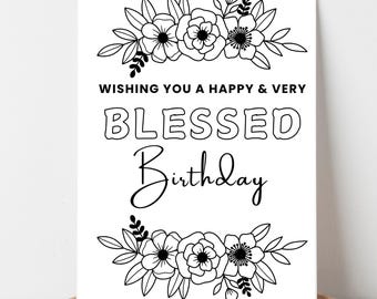 Tarjeta de cumpleaños cristiana para imprimir, página para colorear con versículo bíblico (PDF, JPG)