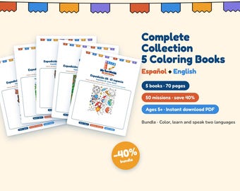 Bilingual Coloring Book Bundle for Kids, 5 Spanish English Printables, Day of the Dead, Christmas, Dinosaurs, Animals, Space