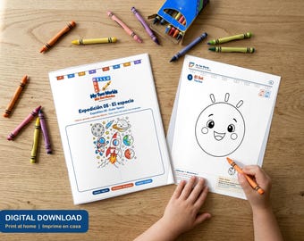 Weltraum-Malbuch für Kinder, zweisprachig (Spanisch/Englisch), zum Ausdrucken mit Aktivitäten, Planeten, Astronauten, ab 5 Jahren