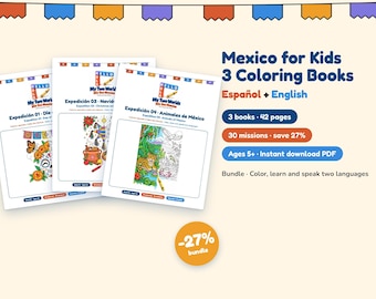 3er-Pack Mexiko-Malbücher für Kinder, zweisprachig (Spanisch/Englisch), Tag der Toten, Weihnachten, Tiere, zum Ausdrucken