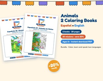 2er-Pack Malbücher mit Tieren und Dinosauriern für Kinder, zweisprachig (Spanisch/Englisch), zum Ausdrucken mit Aktivitäten