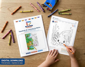 Mexikanische Tiere – Malbuch für Kinder, zweisprachig (Spanisch/Englisch), zum Ausdrucken mit Aktivitäten, Axolotl, Jaguar, ab 5 Jahren