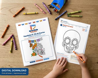 Malbuch zum Tag der Toten für Kinder, zweisprachig (Spanisch/Englisch), zum Ausdrucken mit Aktivitäten, Zuckerschädel und Catrina, ab 5 Jahren