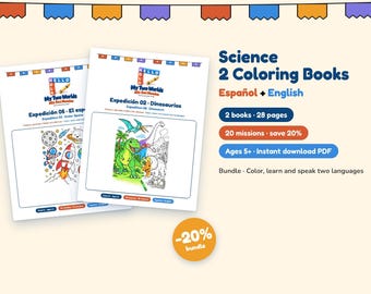 Space and Dinosaur Coloring Book Bundle for Kids, Bilingual Spanish English Printable Activity Pages, Science, Ages 5+