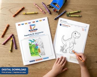 Dinosaurier-Malbuch für Kinder, zweisprachig (Spanisch/Englisch), zum Ausdrucken mit Aktivitäten, T. Rex, Triceratops, ab 5 Jahren