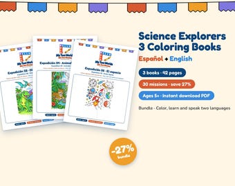 Science and Nature Coloring Book Bundle for Kids, 3 Bilingual Spanish English Printables, Dinosaurs, Mexican Animals, Space