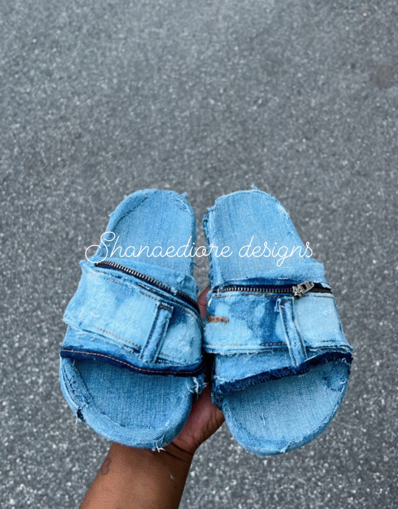 Original custom made denim slides Patchwork denim slides with DG logo in Blue for Women  main image 2