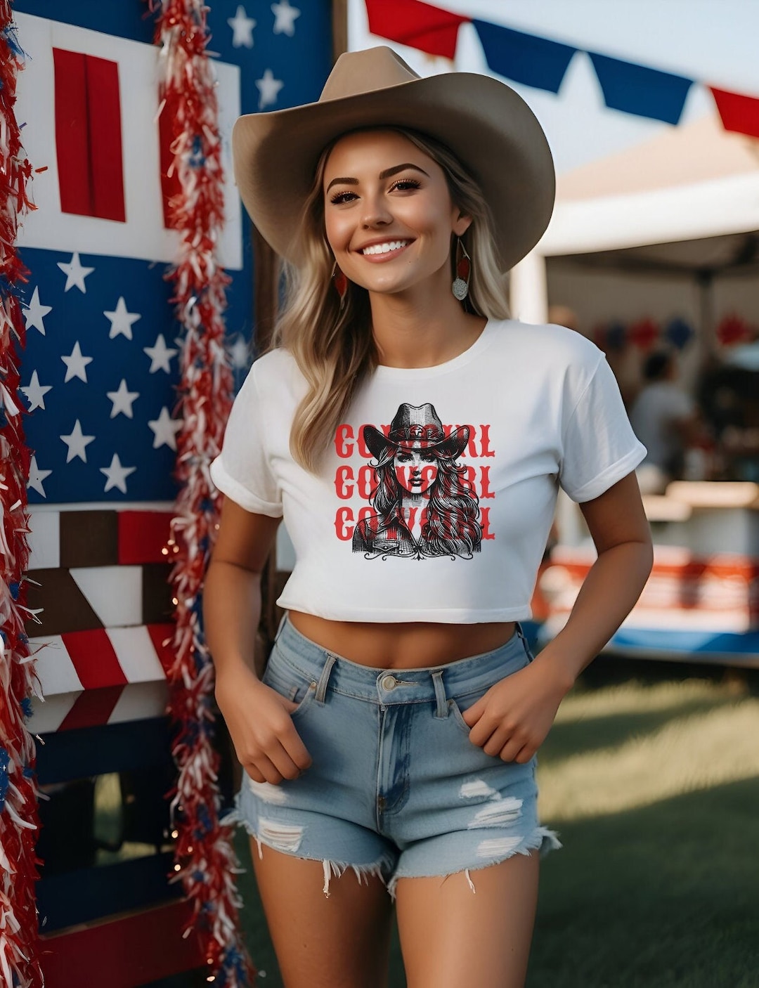 Vintage Cowgirl Print Western Contrast Henley Neck T-shirt main image 0