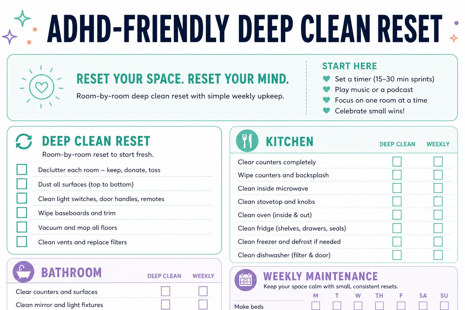 ADHD Home Cleaning Reset Checklist Printable | Whole-room Deep Clean - Etsy