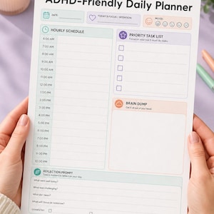 Agenda giornaliera per la gestione della casa adatta a persone con ADHD, stampabile / Attività prioritarie + Blocchi di concentrazione / Download immediato