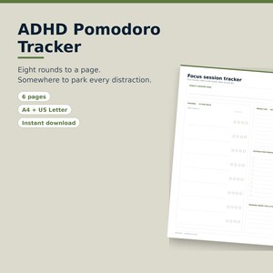Peut inclure: Un document numérique ADHD Pomodoro Tracker avec du texte sombre sur fond clair. La page comprend un en-tête Focus session tracker, huit séries avec des cases à cocher, un journal de pauses et une section pour noter les distractions.