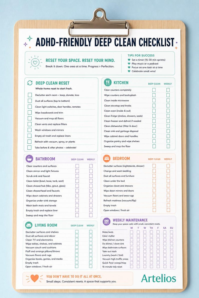 ADHD Home Cleaning Reset Checklist Printable | Whole-room Deep Clean - Etsy