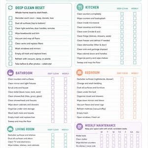 May include: A white ADHD-friendly deep clean checklist with colorful headers and icons. It includes sections for deep clean reset, kitchen, bathroom, bedroom, living room, and weekly maintenance with checkboxes for tracking tasks and tips for success.