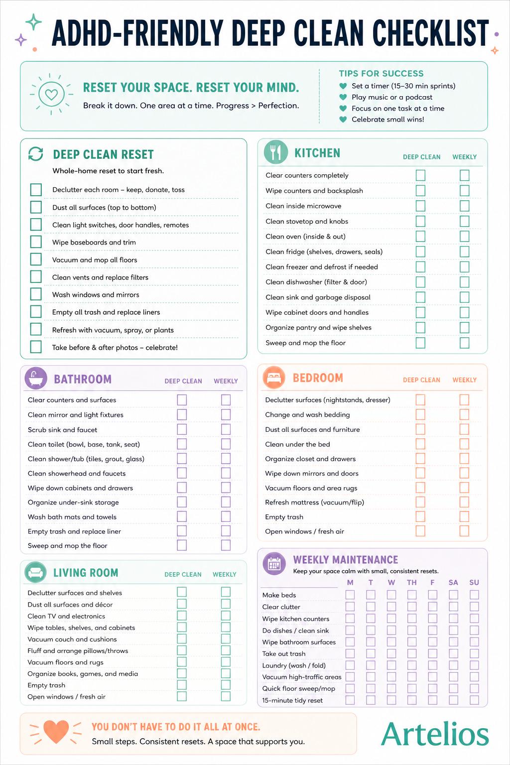 ADHD Home Cleaning Reset Checklist Printable | Whole-room Deep Clean - Etsy