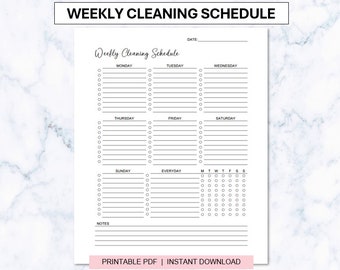 May include: A white paper document titled Weekly Cleaning Schedule with black text and lines. It features sections for each day of the week, an everyday task list, a notes section, and a date line at the top, all organized with circular checkboxes.
