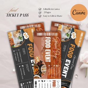 May include: A stack of food event tickets with a brown and black design. The tickets feature the text "Food Event" and "Special Day", along with details about cooking classes, American and traditional food, and the chef. The tickets are priced at $15.