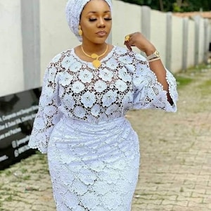 Elegant White Lace Dress, Nigerian Luxury Party Kaftan, Women
