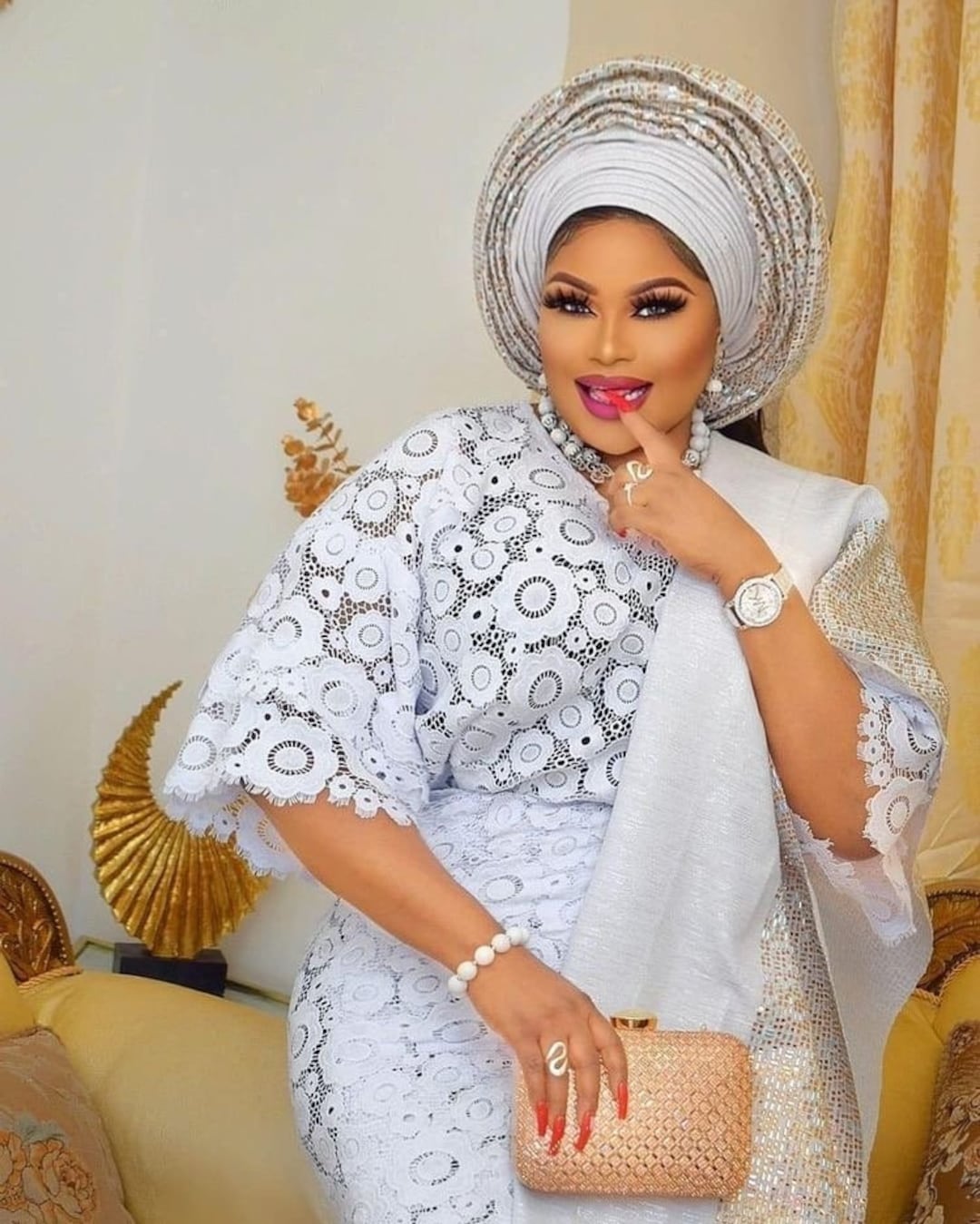 White Lace Iro and Buba African Women Lace Party Outfit, Black