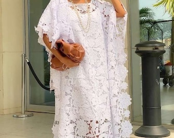 White boubou lace, boubou kaftan dress , white lace dress,  boubou party lace dress, women fashion lace