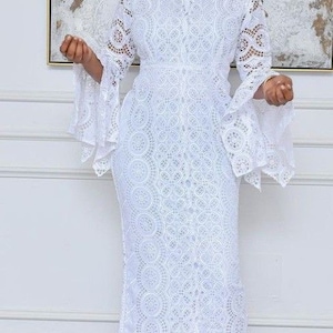 Long fitted lace dress , white fitted lace  , African women fashion lace gown, fitted women lace , African women clothing, women fashion