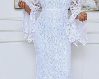 Long fitted lace dress , white fitted lace  , African women fashion lace gown, fitted women lace , African women clothing, women fashion