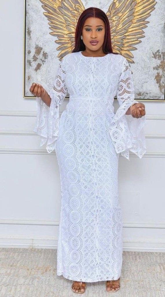 Long Fitted Lace Dress , White Fitted Lace , African Women Fashion