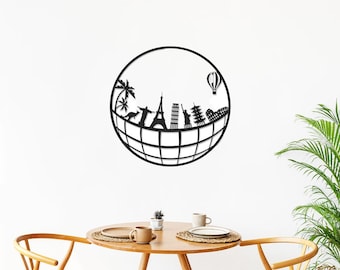 Unique Travel-Inspired Round Black Metal Wall Art - 45cm Diameter - Wall Art for Living Room or Office - Autumn Home Decor