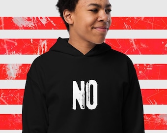 Grappige kinderhoodie 'No' met print – Sarcastic Youth Heavy Blend