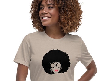 AFRO WITH GLASSES Women&#39;s Relaxed T-Shirt, Lady with Afro Unisex t-shirt, African Pride tee, Black History Month top, Melanated top