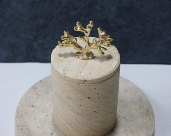 Handmade Beige Travertine Cotton Box, Natural Marble Lid, Bathroom Decoration