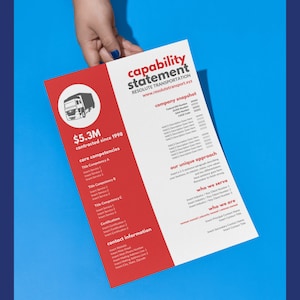 May include: A red and white capability statement for Resolute Transportation, a company that has contracted over $5.3 million since 1998. The statement highlights their core competencies, unique approach, who they serve, and who they are.